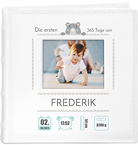 Maverton Einsteckalbum + mit Aufdruck - für 200 Fotos 10x15-100 weiße Seiten - Weihnachtsgeschenke - Größe 21x22cm - Weiß - Geschenk für Kind zur Geburt Taufe zum Geburtstag - 365 Tage