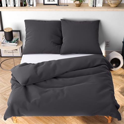 Wolkenfeld Bettwäsche 200x220 cm 3teilig – Anthrazit - kuschlig weich & bügelfrei – ÖKO-TEX Zertifiziert – Mikrofaser Bettwäsche-Sets 1x Bettbezug 220x220 + 2X Kissenbezug 80x80