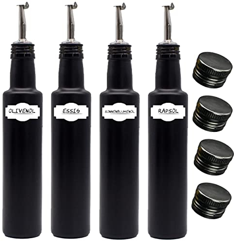 FLASCHE Ölflasche Essigflasche Spender Set - ideal für die Küche 4x Edelstahl-Ausgießer schwarzer Deckel