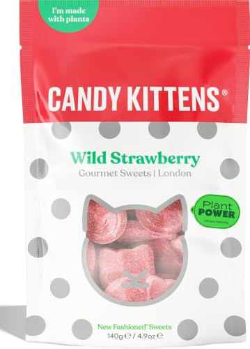 Candy Kittens Bonbons végétaliens – Fraise des bois (140 g, lot de 1) – Friandises pétillantes sans désagréments, collation végétalienne à base de plantes avec vrai jus de fruits, idéal pour cueillir