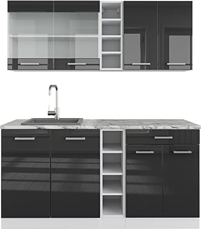 Vicco Singleküche R-Line, Küchenzeile Single, Anthrazit Hochglanz/Weiß, 160 cm, AP Marmor