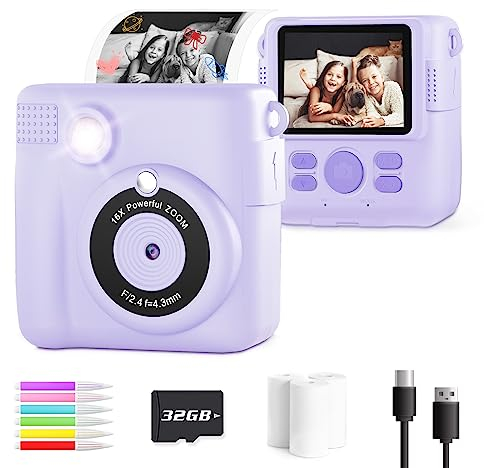 OPERHOO Kids Camera Girls Boys, Kids Instant Print Camera Toy 3-14 Year Old, 1080P HD Kids Digital Camera with Photo Paper Birthday Gifts 3 4 5 6 7 8 9+ Year Old Girl 6 Colour Pens 32GB SD Card