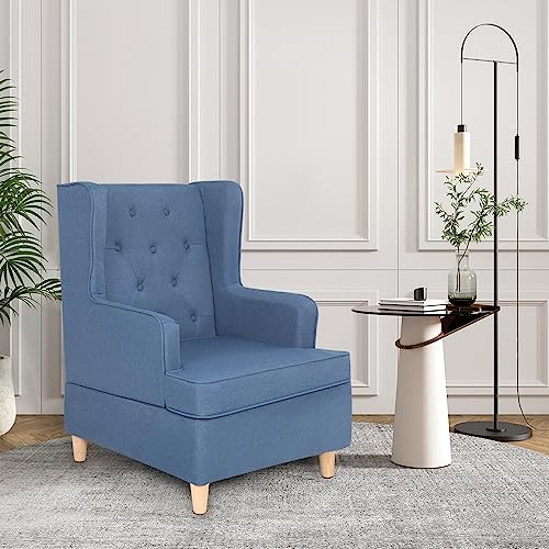 Mingone Sessel Ohrensessel Loungesessel Einzelsofa mit Leinen Stoff und Holzbeinen Sessel mit Armlehnen für Wohnzimmer Schlafzimmer und Balkon,Blau