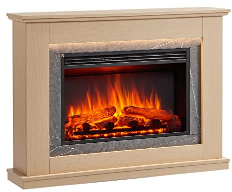 FLAMME 43 Freestanding Electric Fireplace Suite, Casella, Natural Oak | With 1kW-2kW Fireplace Heater, 5 Dimmable LED Flame Options, Remote Control, Custom Timer