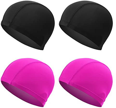 NITAIUN 4 delar badmössor för barn, vuxen svart och ros unisex tyg badmössa, unisex töjbar tyg badhatt bekväm inget drag hår lätt polyester badmössor (4 delar)