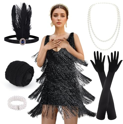 PLULON Vestidos de los Años 20 para Mujer, Estilo Gatsby con Flecos de Lentejuelas y Juego de Accesorios, Disfraces de Cóctel para los Locos Años 20