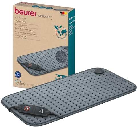 Beurer HK123 Green Planet Heating Pad, Made in Europe, Top and Bottom Made from 100% Recycled Material, Cuddly Soft, 60 x 30 cm, 6 Temperature Levels and Automatic Shut-Off, Machine Washable, Grey