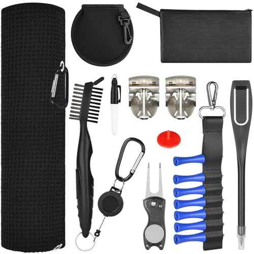flintronic Golf Zubehör Kits, Mikrofaser Golf Handtuch, einziehbare Golfschläger Reinigungsbürste, Faltbare Golf Pitchgabel Set, Golfball-Linien-Zeichnungsmarkierungs-Kits, Golf Tees