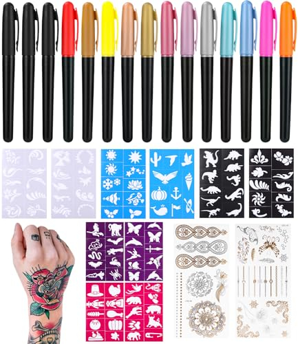 Tattoo Stifte Kinder,Temporäre Tattoos Stift für Die Haut,Kinderschminke Glitzer Tattoo Set, mit 15 Tattoo Stifte,10 Tattoo Schablonen und 2 Tattoo-Aufkleber,Kreativgeschenke für Kinder