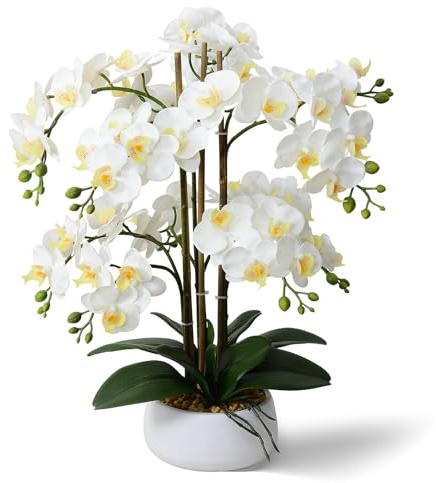 Ziwon Artificial Orchid Flowers & Plants Potted in Ceramic Pot, White Faux Phalaenopsis Orchids for Table Centerpiece, Realistic Fake Flower Arrangement for Home Office Decor Indoor