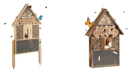 Relaxdays Insektenhotel L stehend, Nisthilfe für Bienen & Insektenhotel 50 cm groß, Zum Aufhängen, Bienenhotel und Schmetterlingshaus, Geflämmtes Holz, Natur