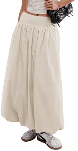 Sutusu Damen-Maxirock, Y2K, Bubble-Stil, Sommer, elastisch, niedrige Taille, A-Linie, langer Rock, lässig, Fee, Rüschen, plissiertes Midikleid, Beige, X-Groß