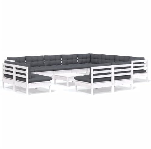 WEMYUFURN 13-TLG. Garten-Lounge-Set mit Kissen Weiß Massivholz Kiefer, Outdoor-Sitzgruppe, Terrassen-Lounge-Set, Garten-Couchgarnitur - Wetterbeständig, Komfortabel - für Terrasse, Garten und Balkon