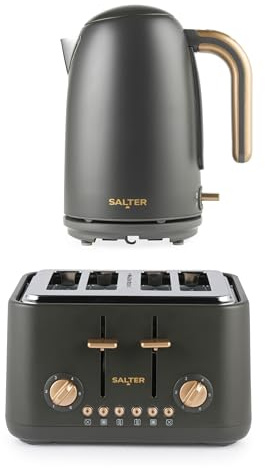 Salter Pebble Kettle & 4-Slice Toaster Set – 1.7L Fast Boil Kettle, Removable Limescale Filter, Boil-Dry Protection, 4-Slice Wide Slot Toaster, 6 Browning Levels, Removable Crumb Tray, Charcoal