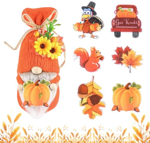 Erntedankfest Herbstdeko DIY Wichtel Figuren Herbst Zwerg Zubehör Hält Kürbis Gesichtslose Wichtel Puppe mit 6 Zubehörteilen für Weihnachten Home Tisch Geschenk Deko