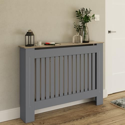 GFW Longslow Medium Radiator Cover with Vertical Slatted Design, Top Display Shelf, Durable Finish and Modern Radiator Cabinet, Grey