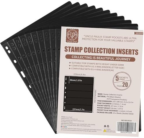 10 fogli di pagine per album di francobolli, 5 tasche 7,7 x 1,97 pollici Inserti per collezione di francobolli Maniche per raccoglitore per collezione di francobolli IS010510