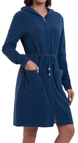 Mnamo Eleganter Damen Bademantel mit Kapuze und Reißverschluss aus Frottee | Kurz und Leicht.Taschen und Bindegürtel. Geschenk. Für Sauna,Schwimmen und Zuhause.Ganzjährig.