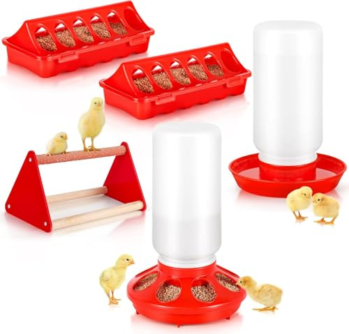 5pcs 1kg Hühner Futterautomat und 1 L Hühnertränke im Set | Geflügel Futterautomat und Tränke im Set mit Hühner-Sitzstange, Für kleines Geflügel wie Wachteln, Tauben, sowie deren usw