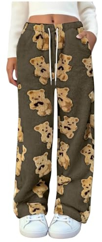 Cute Bear Fuzzy Fleece Pajama Pants for Women Drawstring Elastic Waist Wide Leg Teddy Pj Bottoms Plush Lounge Pants Beige