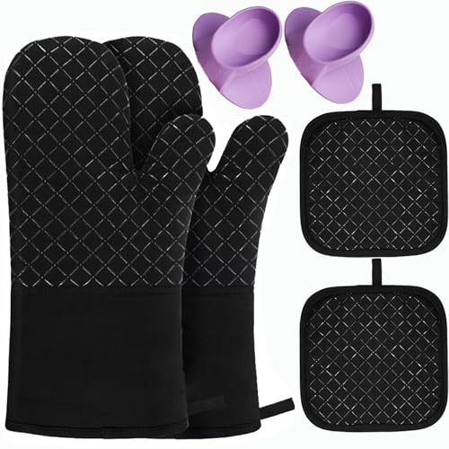 Tread star Ofenhandschuhe Backhandschuhe Ofenhandschuh Topfhandschuhe 6er Set, Kochhandschuhe mit Rutschfestem 300°C Hitzebeständige (Schwarz) (Schwarz)