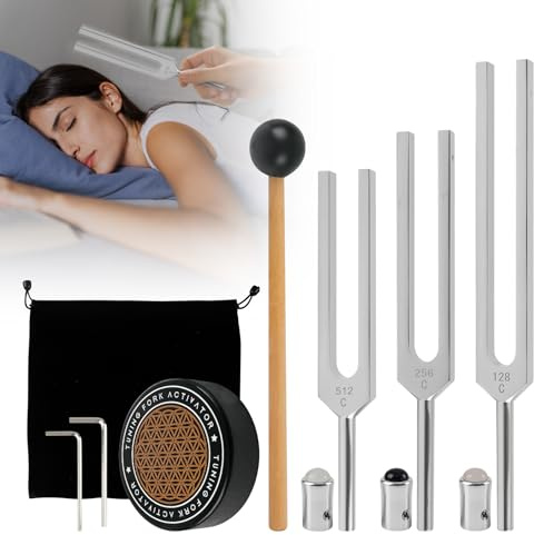 Tuning Forks for Healing Set (128Hz, 256Hz, 512Hz), Weighted Tuning Forks with Rubber Mallet, Activator, Tuning Fork Frequency Healing Devices, Healing Instruments for Yoga and Meditation