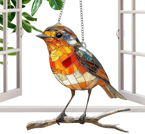 Robin On Branch Sun Catchers, Acrylic Birds Stained Glass Sun Catchers, Acrylic Window Hanging Garden Suncatcher, High Transparency Clear Stained Ornament For Home Wall Outside