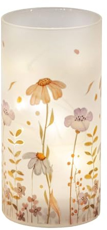 formano LED Tischlampe Deko Blumenwiese Zylinder Stimmungslicht aus Glas & Holz mit Timer, batteriebetrieben, Pastell-Peach, 18 cm - sanftes Ambientelicht für Tisch & Fensterbank