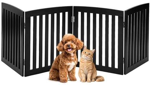 DUMOS Pet Gate for Dogs and Cats, 24 Inch 4 Panels Foldable Wooden Freestanding Dog Gate with Hinge Design, Indoor Portable Extra Wide Dog Fence Pet Barrier for Doorways, Stairs, Kitchen, Black