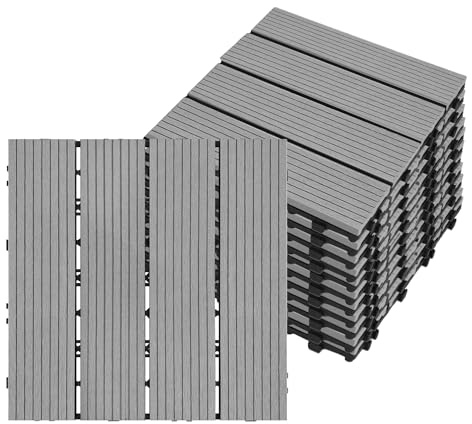 ACXIN Lot de 11 dalles de terrasse aspect bois WPC - 30 x 30 cm - Carreaux de terrasse en plastique WPC - Pour jardin, balcon, terrasse - Carreaux de balcon - Découpables - Gris clair