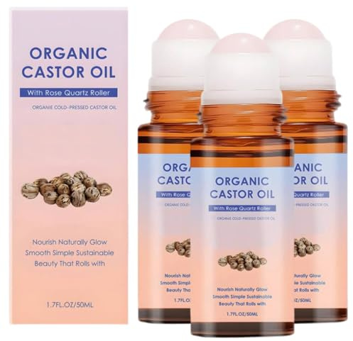 Rizinusöl Kaltgepresst Bio Roll On mit Rosenquarz,Castor Oil Organic,Roller Ball Rizinusöl Kaltgepresst Bio,Massageöl Öl,Natürliches Pflegeöl für Haut,Gesicht,Körper,Haare,50ml (3PC)