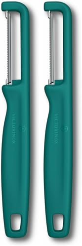 Victorinox Pelador Iota, pelador para verduras, frutas, filo serrado, doble filo, extra afilado, Swiss Made, verde (Paquete de 2)