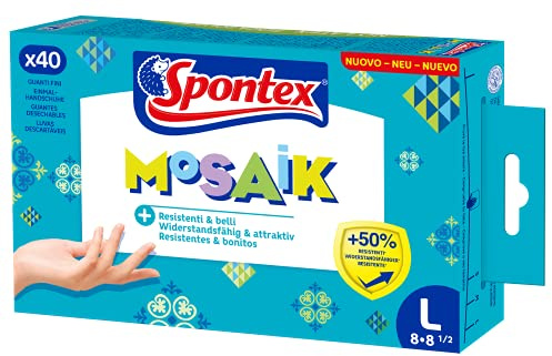 Spontex Mosaik Einmalhandschuhe aus Nitril, latexfrei, ungepudert, besonders resistent, vielseitig einsetzbar, blau, Größe L, 40er Pack
