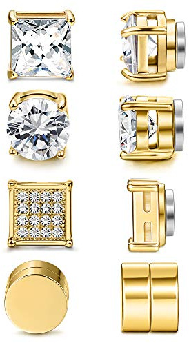 Jstyle 4 Pairs Stainless Steel Magnetic Stud Earrings for Men Women Gold CZ Non-Piercing Clip On Stud Earrings Set 8 MM
