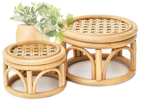 Set of 2 Small Boho Rattan Wicker Round Riser Plant Stand Indoor,Rustic Farmhouse Natural Wooden Circle Pedestal for Decor & Display, Tabletop, Office Decor