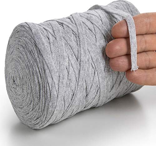 MeriWoolArt® Baumwollgarn Band Grau - 10mm T-Shirt Band Garn für Stricken, Makramee, Häkeln, Weben, Geschenkband - 150 m Baumwollband (Asche)