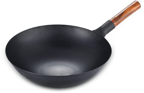 TSTSM Wok in Ferro Fatto a Mano, Padella Asiatica con Manico aiutante, Pow Wok a Fondo Piatto, padelle Nere,-36cm