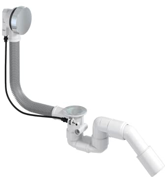 PREVEX Bathloc Ab- und Überlaufgarnitur, Ablaufventil mit Stopfen und Seilzugbedienung für das Bad, flexibler Überlauf und 40/50 mm Ablaufrohr | aus recyceltem Kunststoff und Edelstahl hergestellt | Flexibler Überlauf, Recycelter Kunststoff, Edelstahl, 40/50mm Rohr