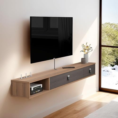 Pmnianhua Meuble TV Flottant Suspendu Mural, Étagère Multimédia Flottante, Console de Rangement pour Télévision, Top Box, Câble, Routeur (120cm, Dark Brown)