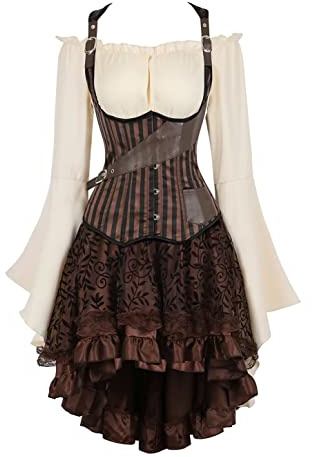 Korset Corset klänning Underbyst Baskiska and Buster kjol spets Steampunk pirat kostym Gotiska Halloween Brun S