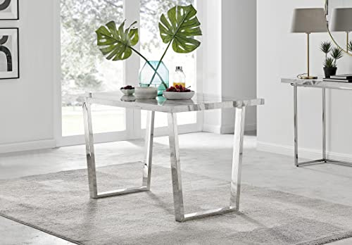Furniturebox UK Kylo 120cm 4 Seat Large White Marble Effect High Gloss Dining Table with U-Shape Silver Chrome Legs for a Modern Stylish Kitchen Table for Dining Room