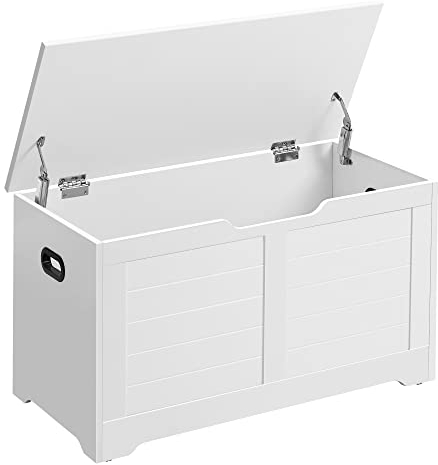 VASAGLE Schuhbank, Sitzbank mit Stauraum, Sitztruhe mit 2 Sicherheitsscharnieren, Aufbewahrungsschrank, Landhausstil, 40 x 80 x 46 cm, für Flur, Schlafzimmer, Wohnzimmer, wolkenweiß LSB063T14