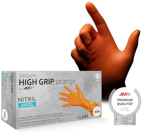 AMPRI High Grip Einmalhandschuh aus Nitril, 50 Stück/Box, Größe XL, orange, SolidSafety: extra griffiger und chemikalienbeständiger Arbeitsschutzhandschuh in den Größen S, M, L, XL, XXL