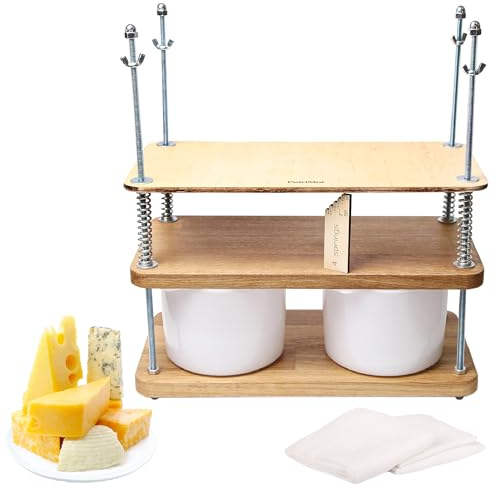Prensa de queso para hacer queso de 40 cm, roble natural, 18 mm de grosor, kit de fabricación de queso con prensa de queso de madera y 2 moldes de queso de 1.8 L blanco