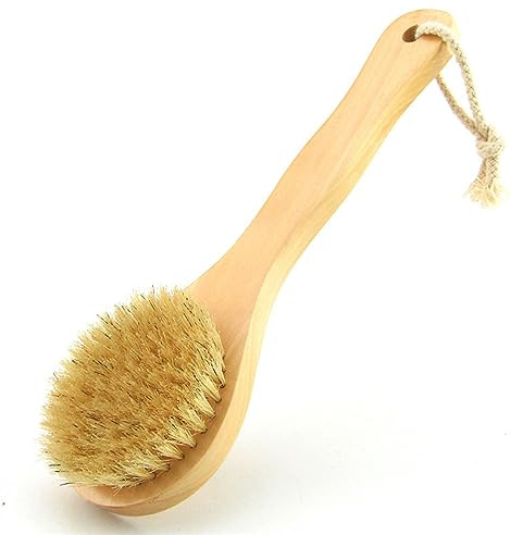 HiKin 9.84 Inch Dry Body Brush Back Scrubber, Wooden Short Handle Natural Bristles Bath & Shower Brush.