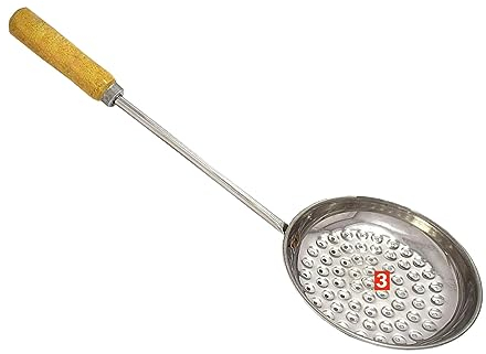 Colador de madera de mango largo de acero inoxidable Boondi, espumadera Bundi Zara, colador de aceite, tamaño n.º 3