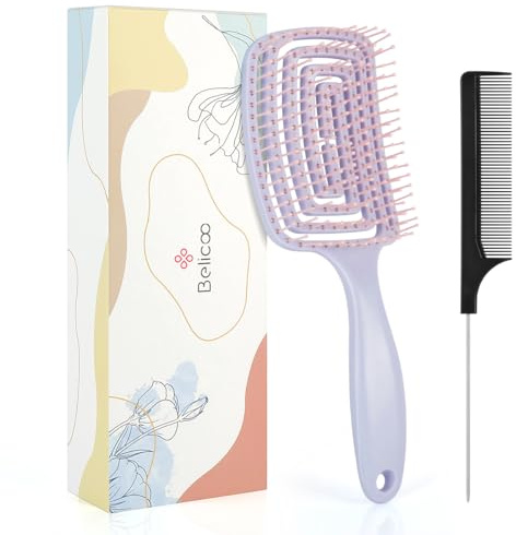 BELICOO Haarbürste ohne Ziepen für Damen, Herren & Kinder, Haarbürste mit Wildschweinborsten für das Haar, geeignet zur Verbesserung der Haarstruktur und zur Förderung der Durchblutung - Lila