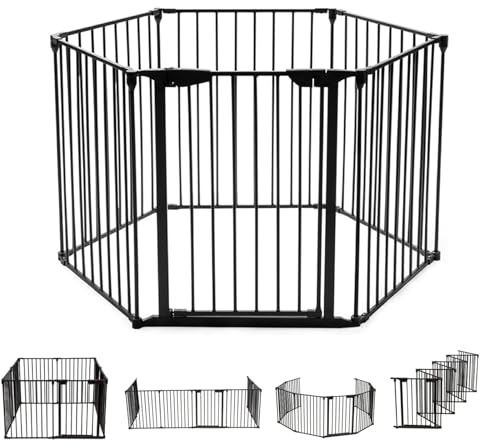 LIFEZEAL Kaminschutzgitter Faltbar, Ofenschutzgitter aus Metall, Absperrgitter Kamingitter mit Sicherheitstür, Funkenschutzgitter für Kinder-Sicherung (Schwarz, 6)