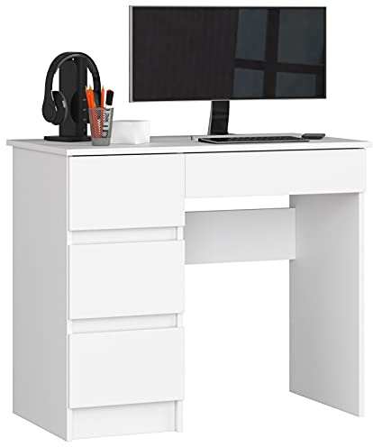 Home Collective Computertisch Bürotisch mit ausziehbarer Tastaturablage, Schreibtisch Laminatplatte mit ABS-Kante, mit 4 Schubladen Links, 90 x 50 x 77 cm, weiß