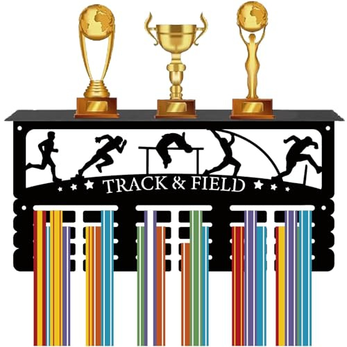 CREATCABIN Leichtathletik-Medaillenhalter,Medaillenaufhänger Mit Trophäenregal,Metallrahmen Zur Wandmontage,Eisen-Sportmedaillenständer,Organizer Zum Aufhängen,Laufen,Werfen Auszeichnungen,40x20x10cm